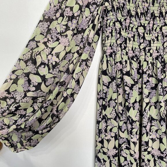 & Other Stories Smocked Floral Dress Womens Size 4 Long Sleeve Mini Square Neck - Picture 5 of 14